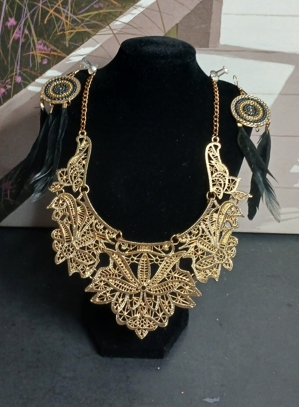 Gold Filigree Statement Necklace with Black Feather Earrings
